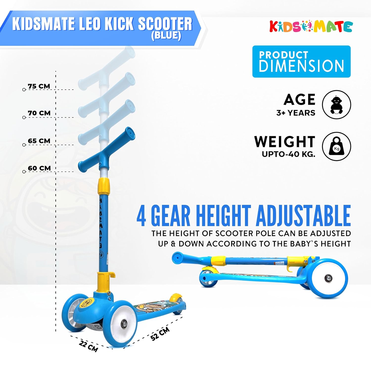 Kidsmate Leo Kick Scooter in black, designed for kids with 3 adjustable height settings, broad PVC wheels, and a reliable rare brake. Its foldable design makes storage and transport easy." www.usmile.toys www.usmile.toys
